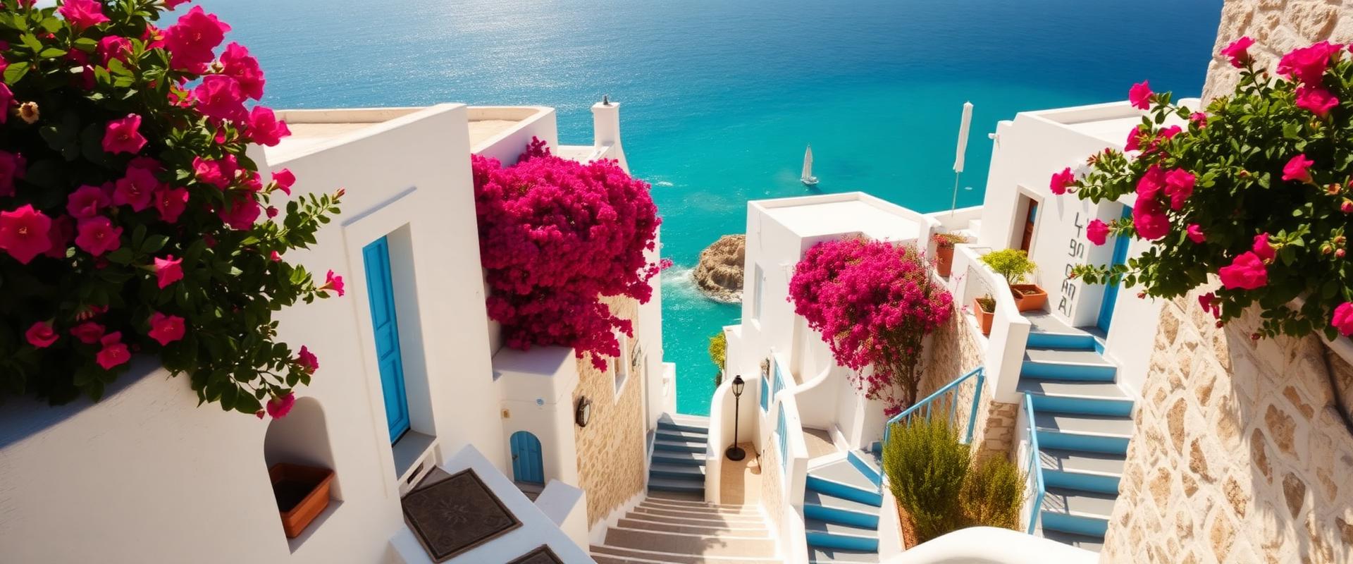 A whitewashed Greek coastal village with bougainvillea and turquoise sea
